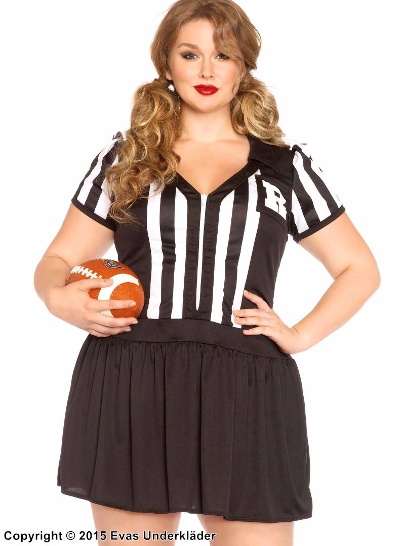 Female sports referee, costume dress, front zipper, vertical stripes, XL to 4XL